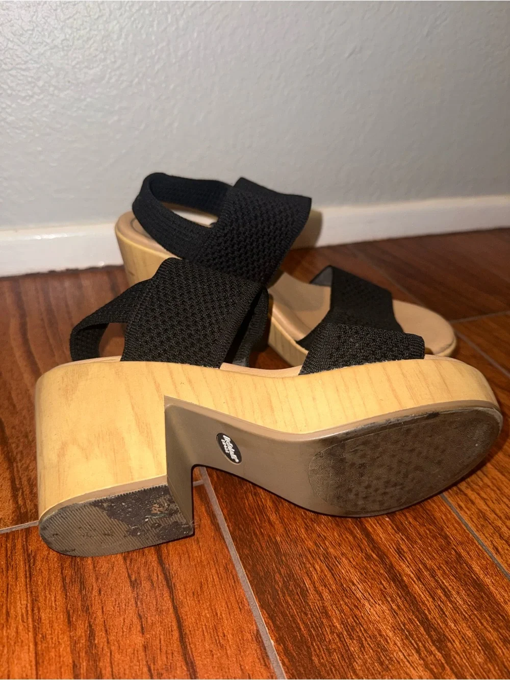 Dr. Scholl's Black Knit Platform Sandals with Wood-Look Block Heel